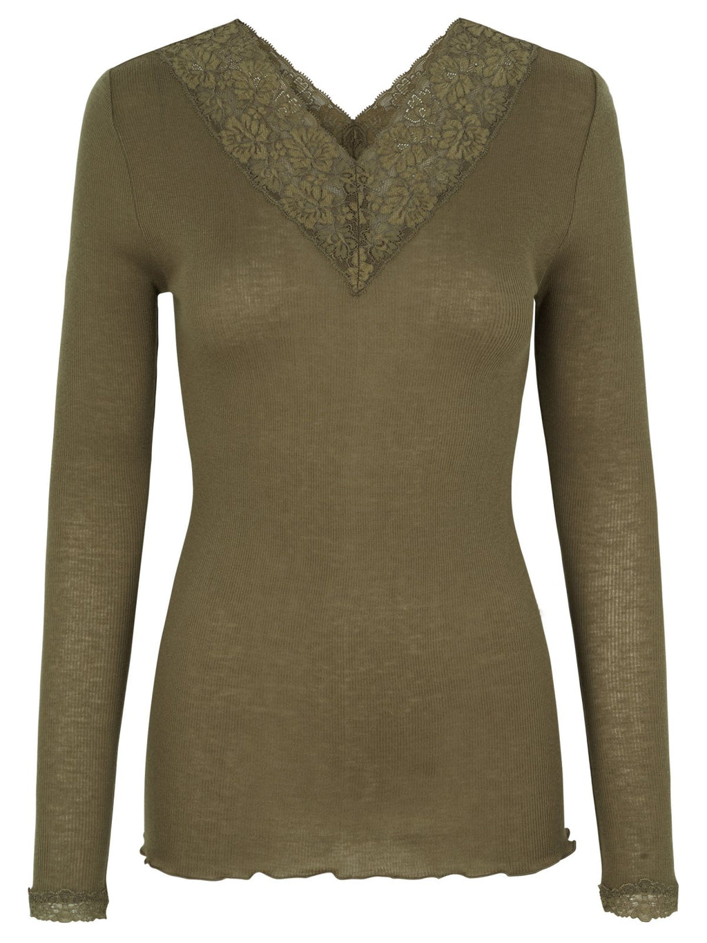 Rosemunde - wool blouse V-neck lace military olive green