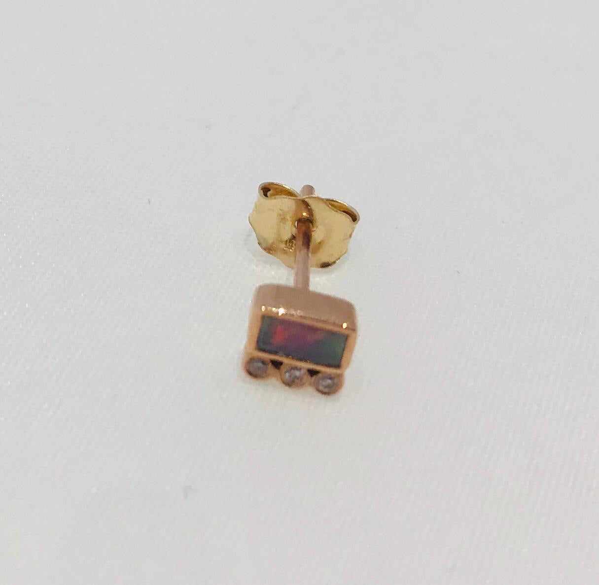 Céline Daoust 14kt pink gold earrings with baguette tourmaline and 3 diamonds. 