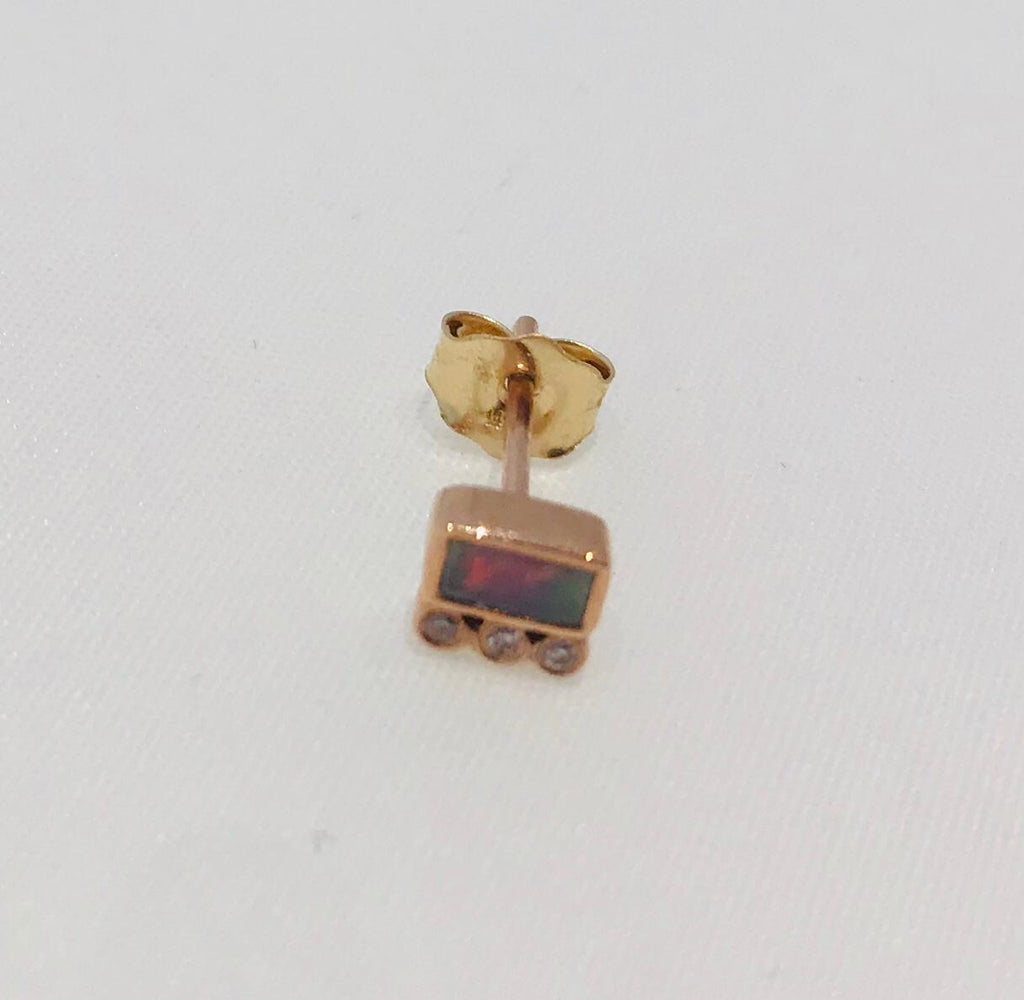 Céline Daoust 14kt pink gold earrings with baguette tourmaline and 3 diamonds. 