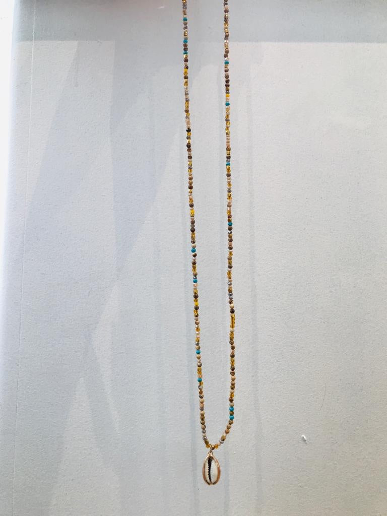 Long colourful necklace with shell pendant